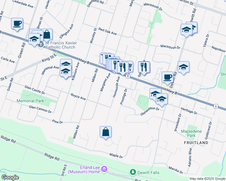 map of restaurants, bars, coffee shops, grocery stores, and more near 135 Homeside Avenue in Hamilton