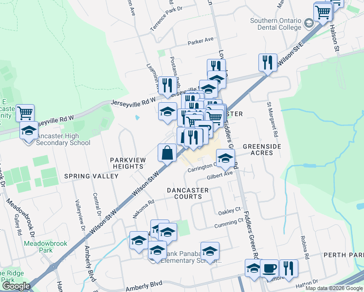 map of restaurants, bars, coffee shops, grocery stores, and more near 98 Wilson Street West in Hamilton