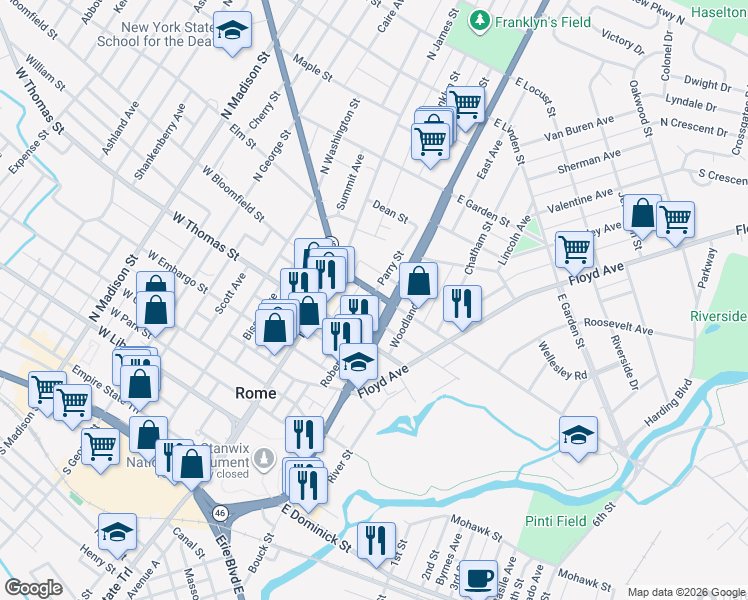 map of restaurants, bars, coffee shops, grocery stores, and more near 516 Black River Boulevard in Rome