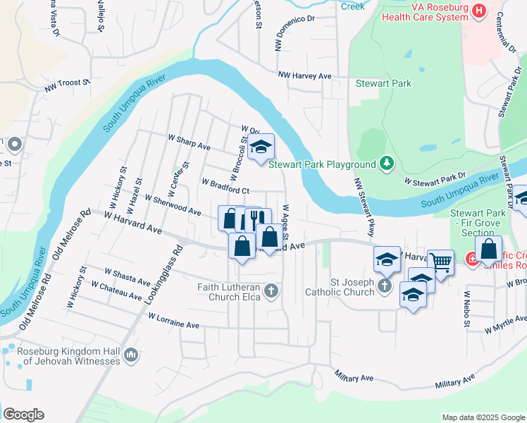 map of restaurants, bars, coffee shops, grocery stores, and more near 438 West Fair Street in Roseburg