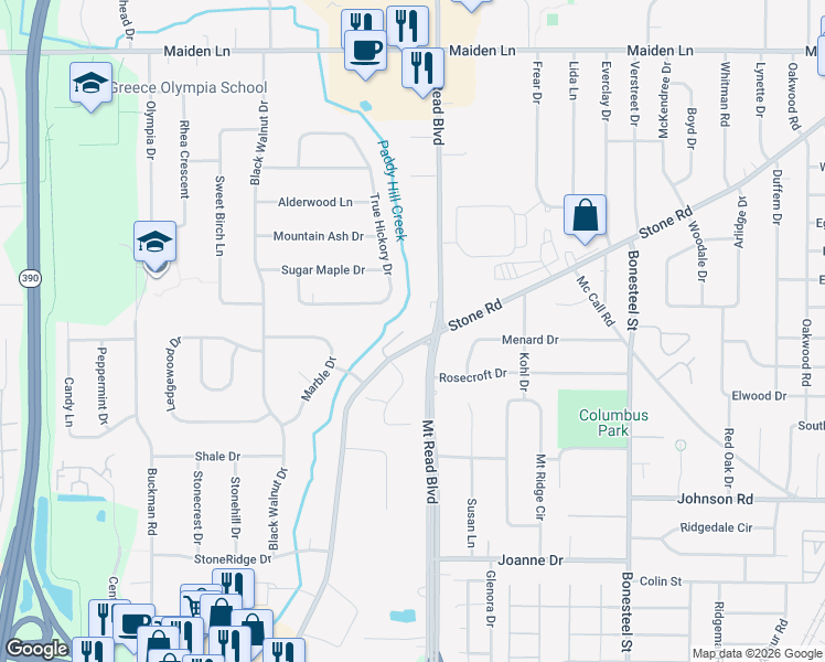 map of restaurants, bars, coffee shops, grocery stores, and more near 3225 Mount Read Boulevard in Rochester