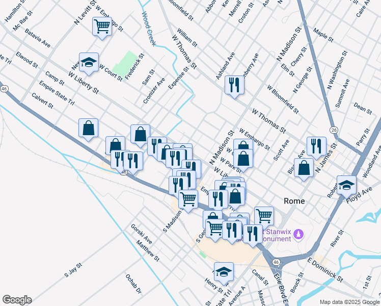 map of restaurants, bars, coffee shops, grocery stores, and more near Wunch St in Rome