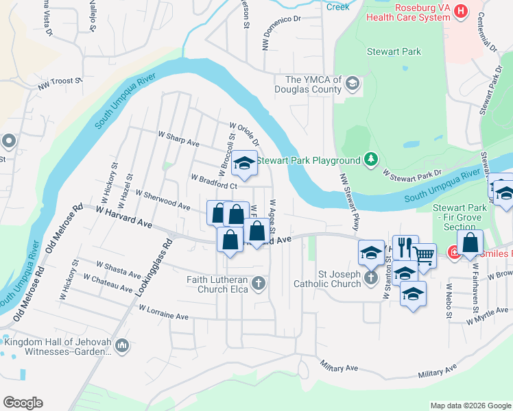 map of restaurants, bars, coffee shops, grocery stores, and more near 2535 West Bradford Court in Roseburg