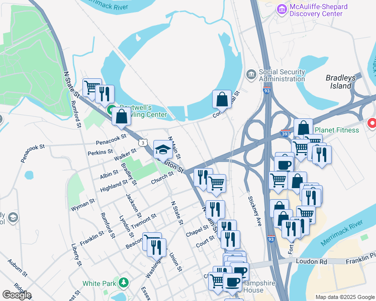 map of restaurants, bars, coffee shops, grocery stores, and more near 276 North Main Street in Concord