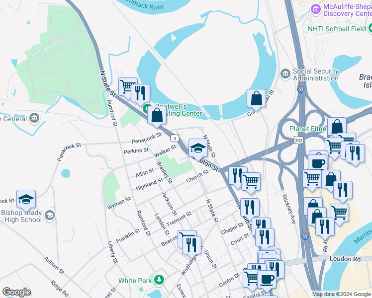 map of restaurants, bars, coffee shops, grocery stores, and more near 126 North State Street in Concord