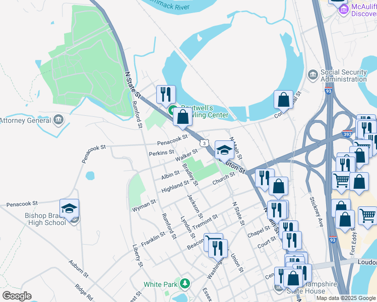 map of restaurants, bars, coffee shops, grocery stores, and more near 161 North State Street in Concord