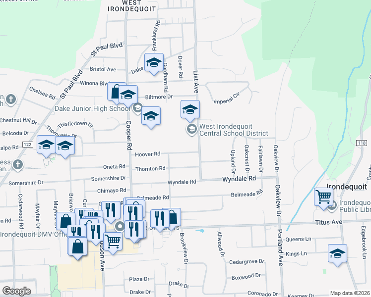 map of restaurants, bars, coffee shops, grocery stores, and more near 321 List Avenue in Irondequoit