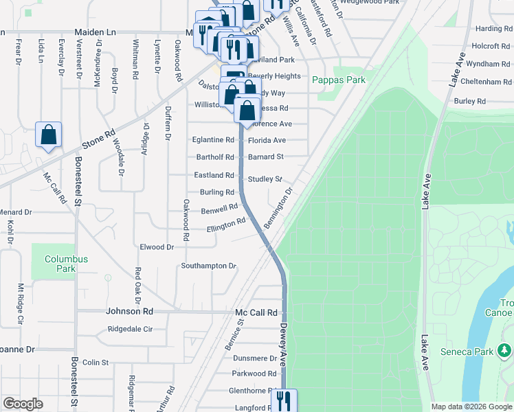 map of restaurants, bars, coffee shops, grocery stores, and more near 55 Bennington Drive in Rochester