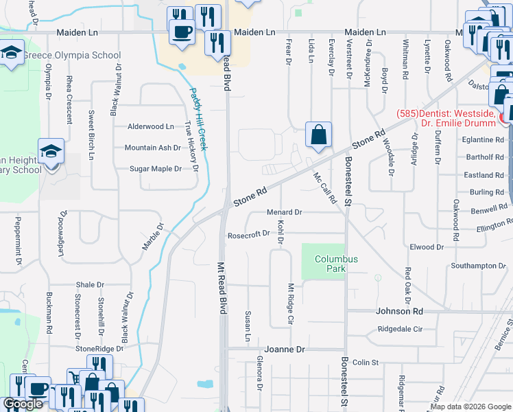 map of restaurants, bars, coffee shops, grocery stores, and more near 1187 Stone Road in Rochester