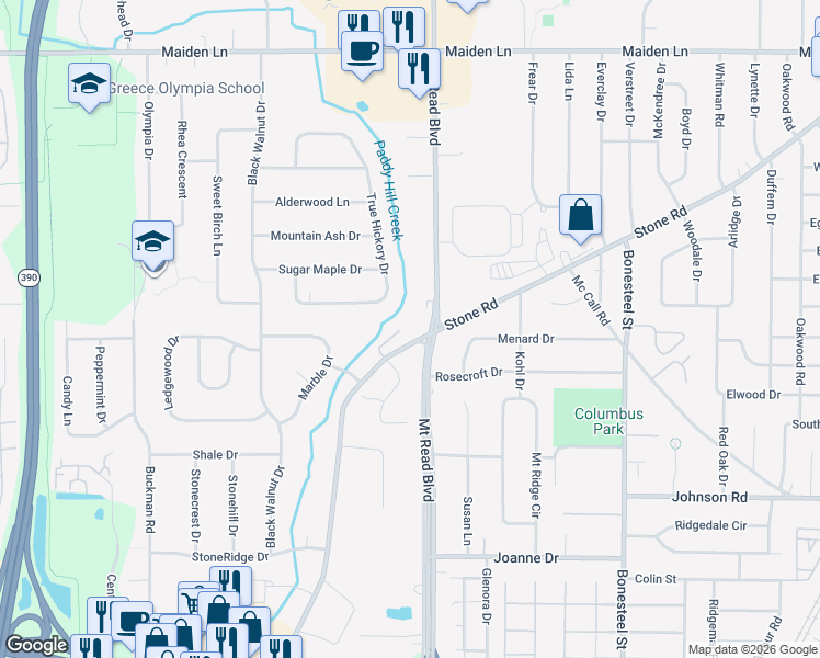 map of restaurants, bars, coffee shops, grocery stores, and more near 3225 Mount Read Boulevard in Rochester