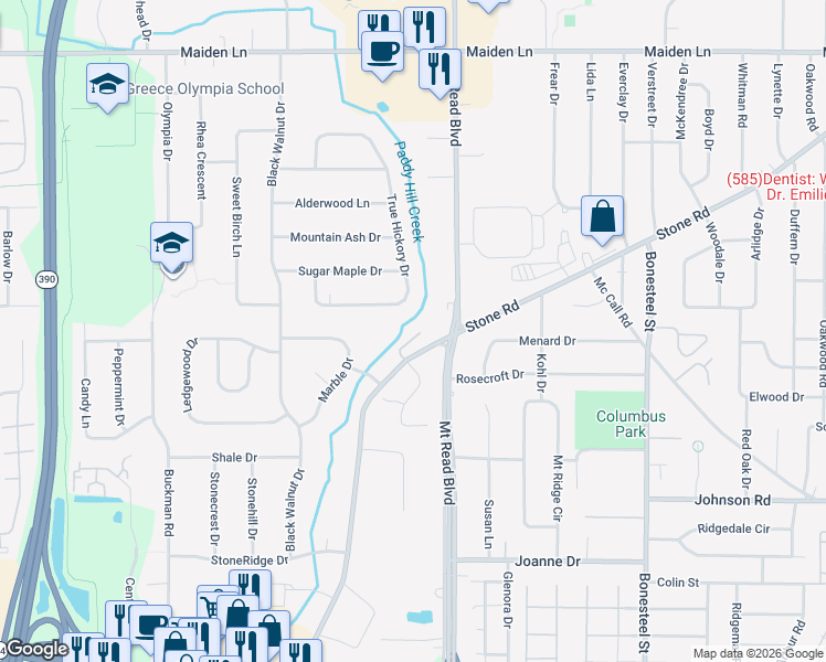 map of restaurants, bars, coffee shops, grocery stores, and more near 362 True Hickory Drive in Rochester