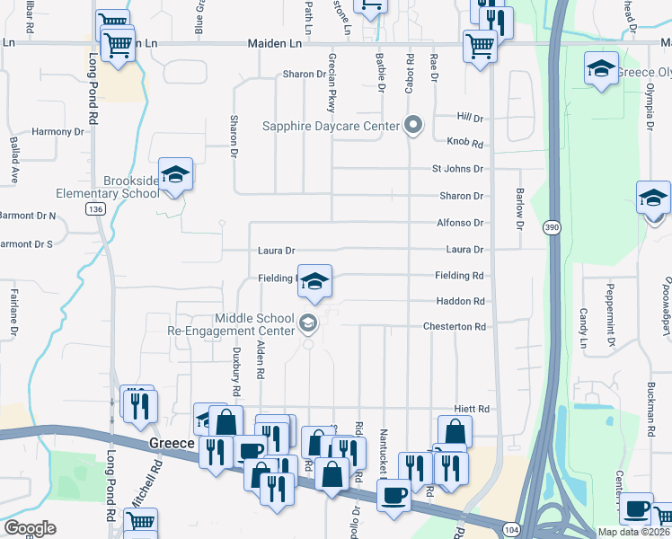 map of restaurants, bars, coffee shops, grocery stores, and more near 253 Laura Drive in Rochester