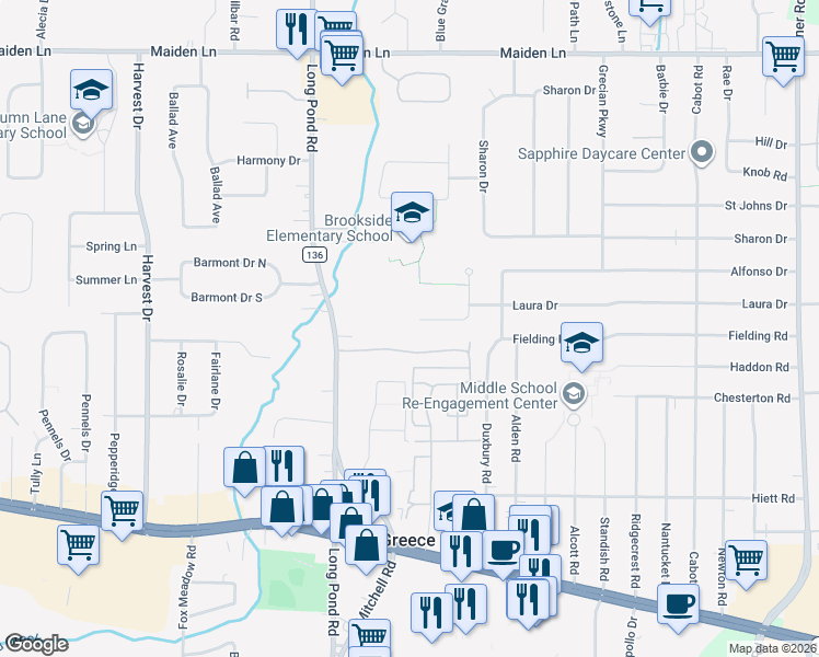 map of restaurants, bars, coffee shops, grocery stores, and more near 133 Frandee Lane in Rochester