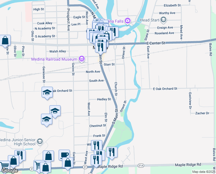 map of restaurants, bars, coffee shops, grocery stores, and more near 805-807 South Main Street in Medina