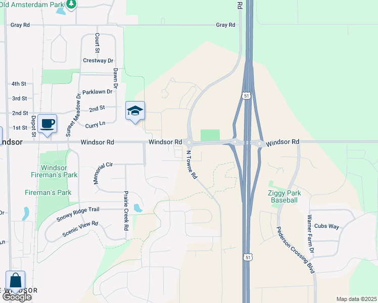 map of restaurants, bars, coffee shops, grocery stores, and more near 4250 Windsor Road in Windsor