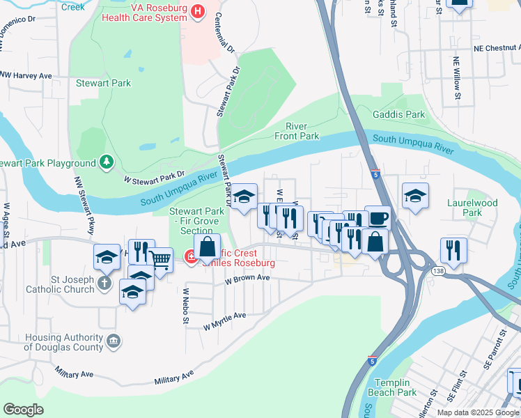 map of restaurants, bars, coffee shops, grocery stores, and more near 516 West Ballf Street in Roseburg