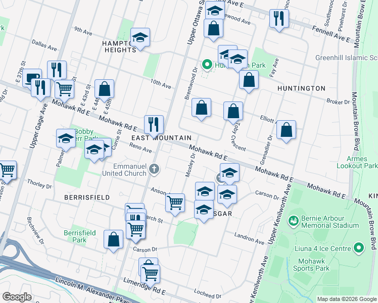 map of restaurants, bars, coffee shops, grocery stores, and more near 914 Mohawk Road East in Hamilton