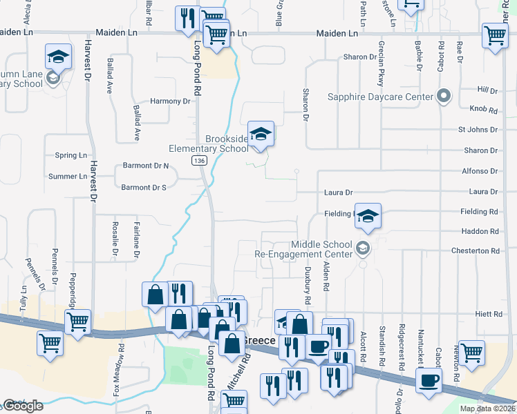 map of restaurants, bars, coffee shops, grocery stores, and more near 133 Frandee Lane in Rochester