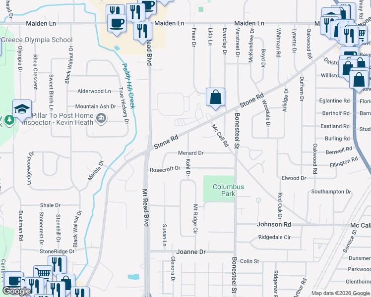 map of restaurants, bars, coffee shops, grocery stores, and more near 1187 Stone Road in Rochester