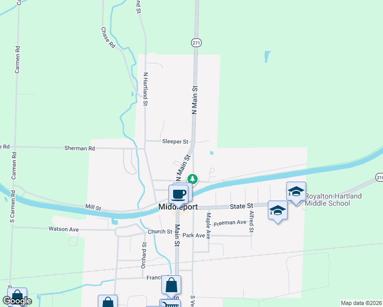 map of restaurants, bars, coffee shops, grocery stores, and more near 2 Sleeper Street in Middleport