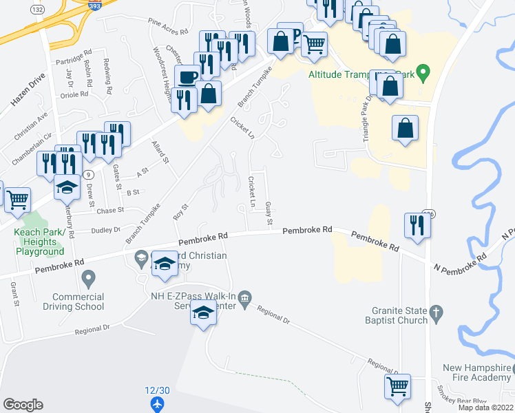 map of restaurants, bars, coffee shops, grocery stores, and more near 2 Cricket Lane in Concord