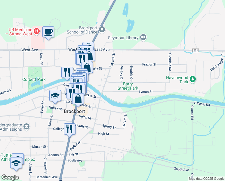 map of restaurants, bars, coffee shops, grocery stores, and more near 16 Barry Street in Brockport