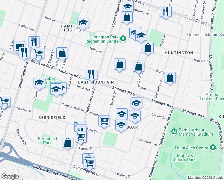 map of restaurants, bars, coffee shops, grocery stores, and more near 914 Mohawk Road East in Hamilton