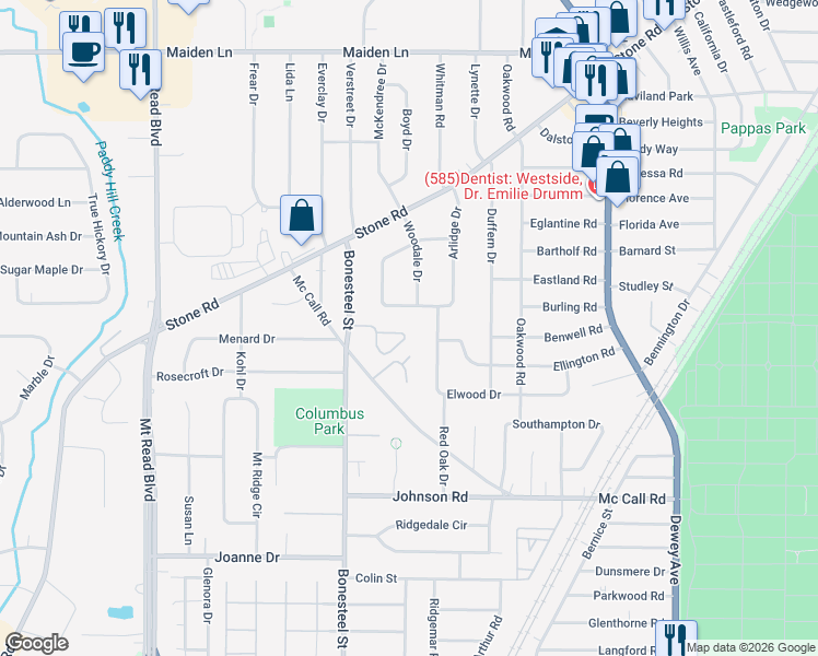 map of restaurants, bars, coffee shops, grocery stores, and more near 223 Arlidge Drive in Rochester