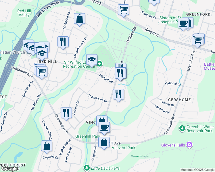 map of restaurants, bars, coffee shops, grocery stores, and more near 15 Albright Road in Hamilton