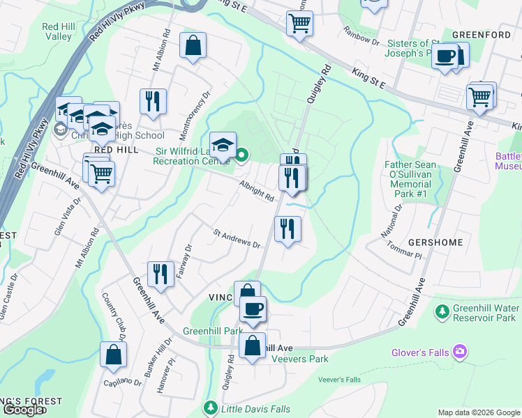 map of restaurants, bars, coffee shops, grocery stores, and more near in Hamilton