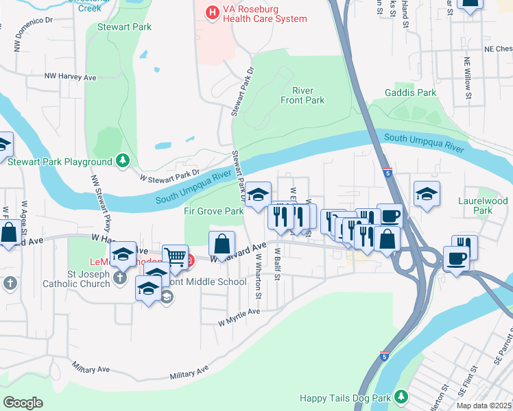map of restaurants, bars, coffee shops, grocery stores, and more near 1360 West Harvard Avenue in Roseburg