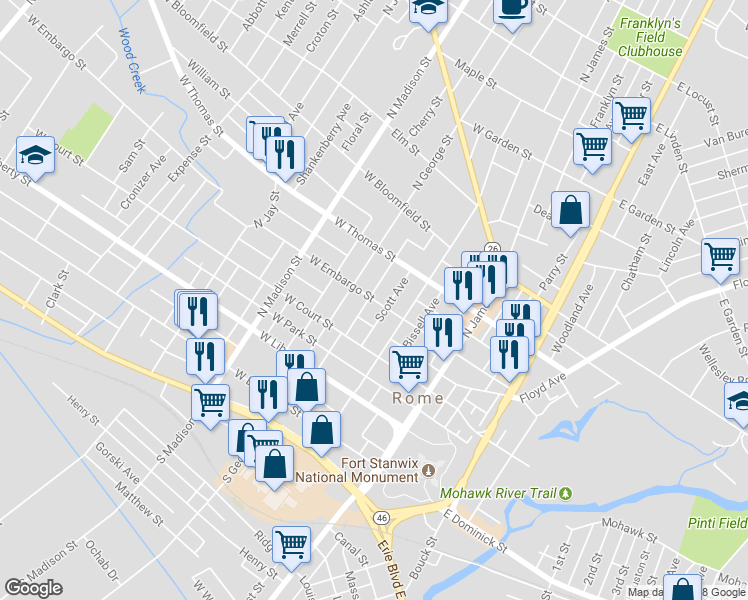 map of restaurants, bars, coffee shops, grocery stores, and more near 209 West Embargo Street in Rome
