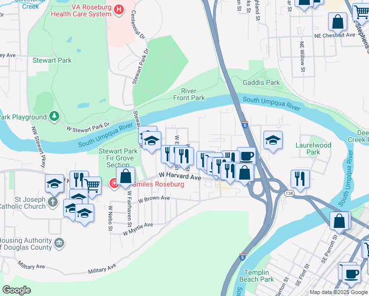 map of restaurants, bars, coffee shops, grocery stores, and more near 1022 West Yale Avenue in Roseburg