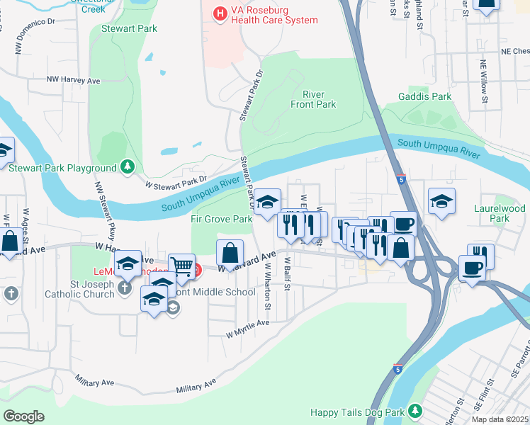 map of restaurants, bars, coffee shops, grocery stores, and more near 462 West Ballf Street in Roseburg