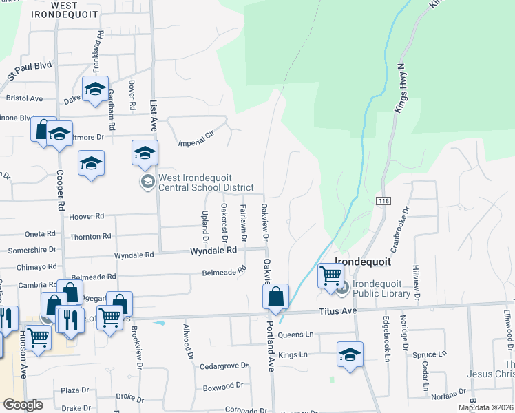 map of restaurants, bars, coffee shops, grocery stores, and more near 2599 Oakview Drive in Rochester