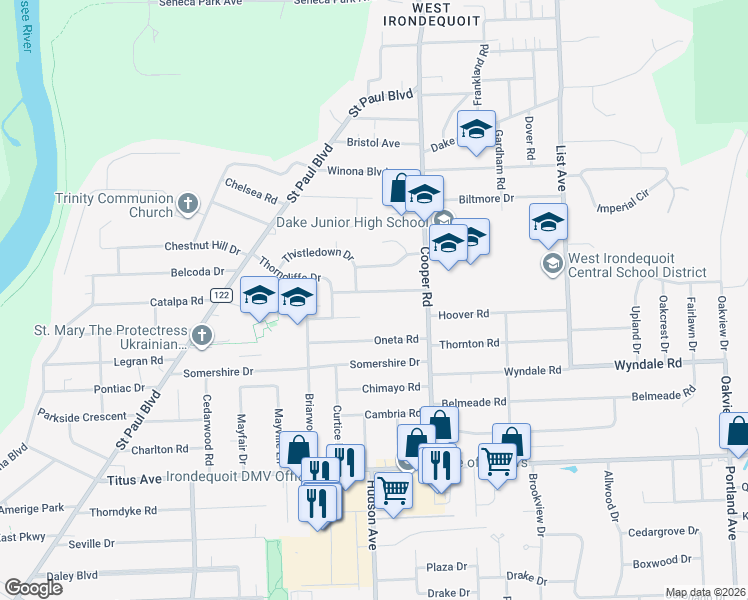 map of restaurants, bars, coffee shops, grocery stores, and more near 196 Thorncliffe Drive in Rochester