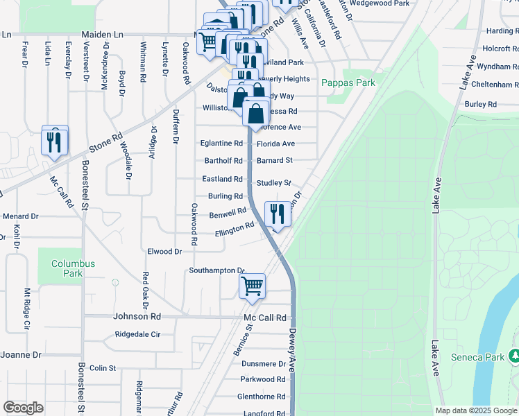 map of restaurants, bars, coffee shops, grocery stores, and more near 55 Bennington Drive in Rochester