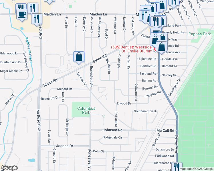 map of restaurants, bars, coffee shops, grocery stores, and more near 223 Arlidge Drive in Rochester