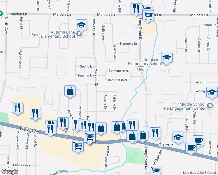 map of restaurants, bars, coffee shops, grocery stores, and more near 167 Barmont Drive in Rochester
