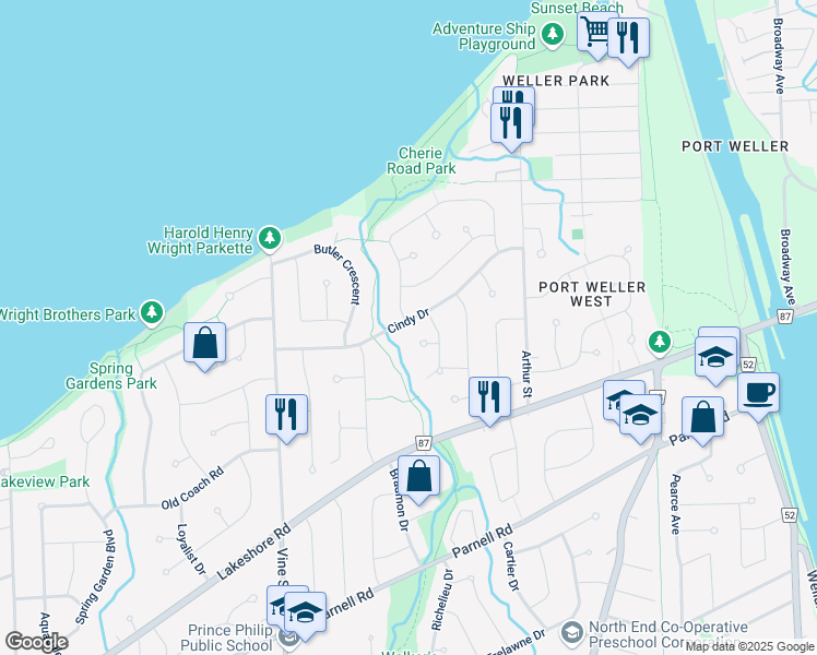 map of restaurants, bars, coffee shops, grocery stores, and more near in St. Catharines