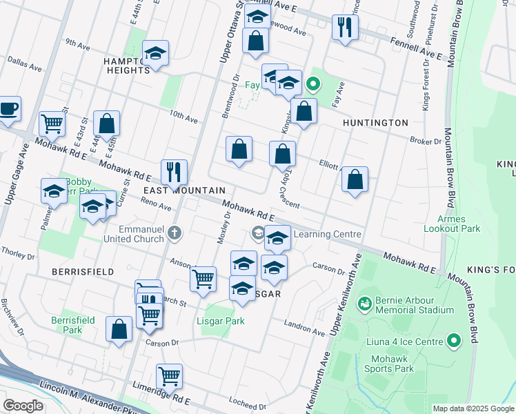 map of restaurants, bars, coffee shops, grocery stores, and more near 60 Beacon Avenue in Hamilton
