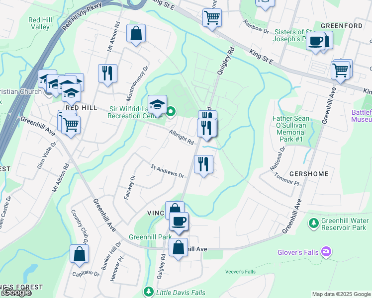 map of restaurants, bars, coffee shops, grocery stores, and more near 15 Albright Road in Hamilton
