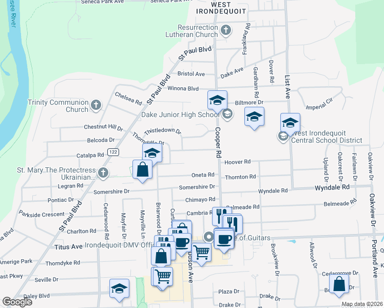 map of restaurants, bars, coffee shops, grocery stores, and more near 196 Thorncliffe Drive in Rochester