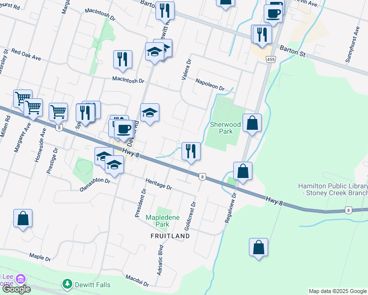 map of restaurants, bars, coffee shops, grocery stores, and more near 2 Royalwood Court in Hamilton
