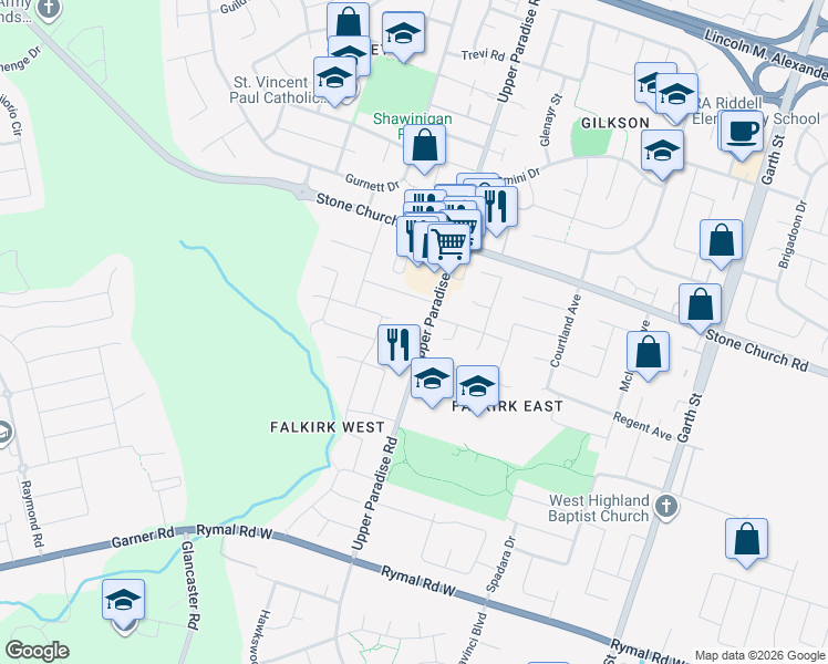 map of restaurants, bars, coffee shops, grocery stores, and more near 980 Upper Paradise Road in Hamilton
