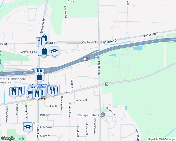 map of restaurants, bars, coffee shops, grocery stores, and more near 128 Country Manor Way in Webster