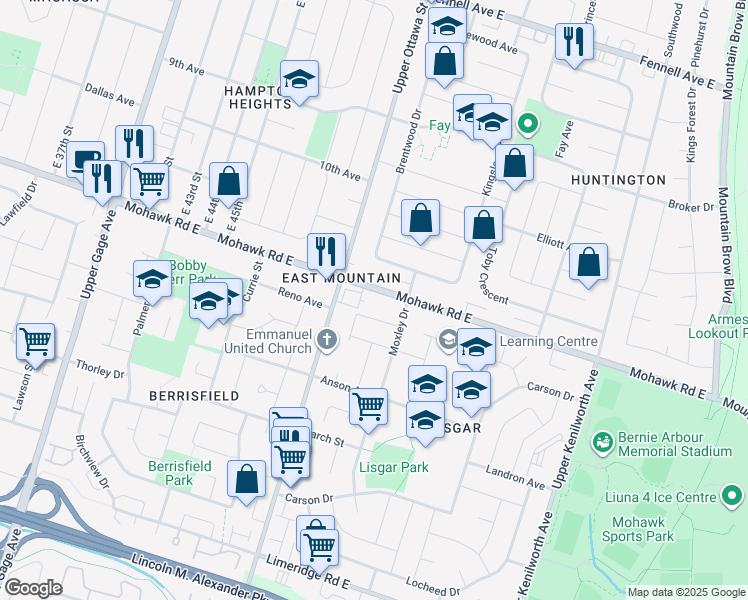 map of restaurants, bars, coffee shops, grocery stores, and more near in Hamilton