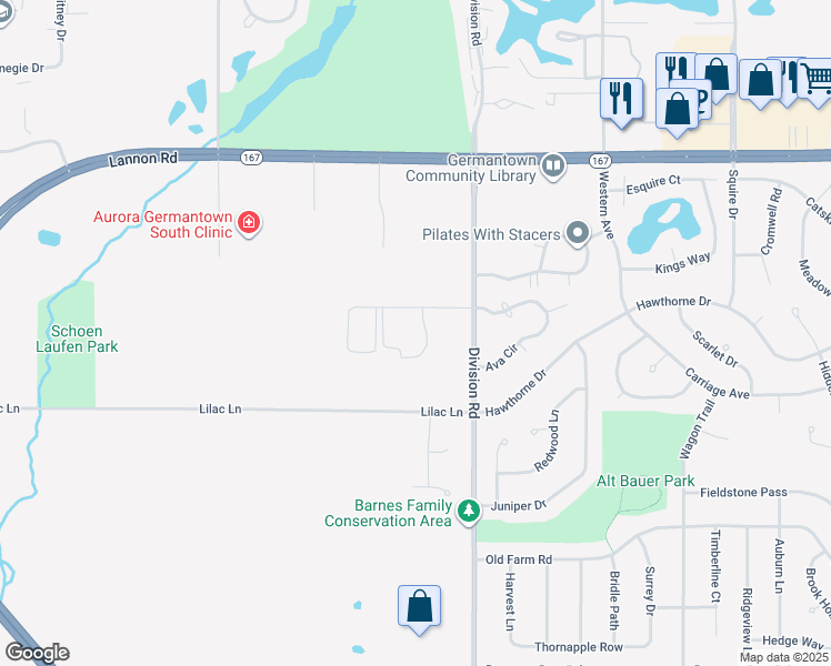 map of restaurants, bars, coffee shops, grocery stores, and more near W173N10915 Bernies Way in Germantown