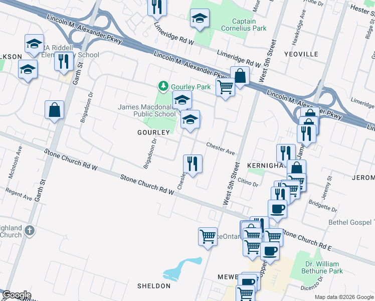 map of restaurants, bars, coffee shops, grocery stores, and more near 156 Chesley Street in Hamilton