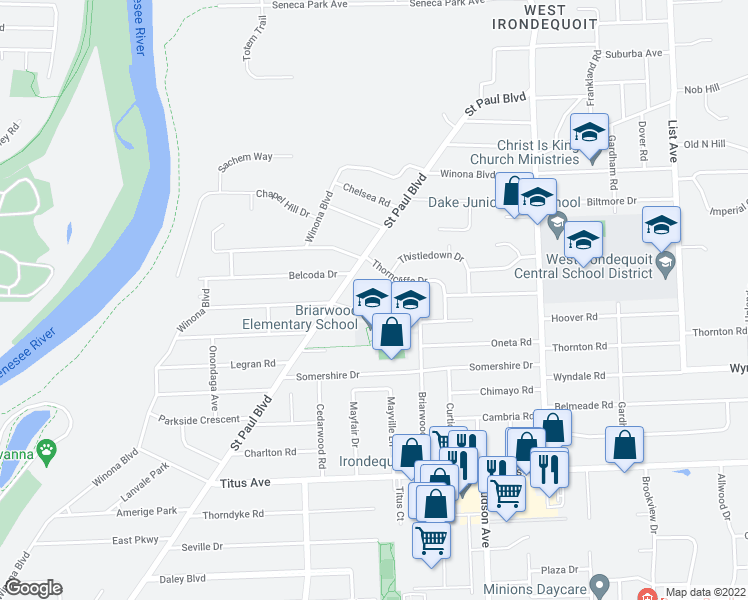 map of restaurants, bars, coffee shops, grocery stores, and more near 35 Thorncliffe Drive in Rochester